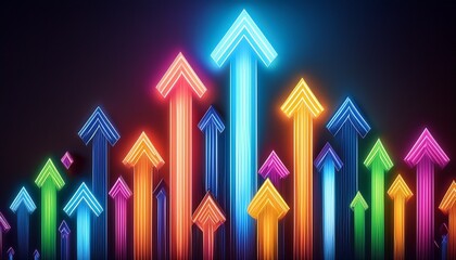 a vibrant display of colorful neon arrows pointing upward creating a dynamic and energetic visual pattern on a dark background