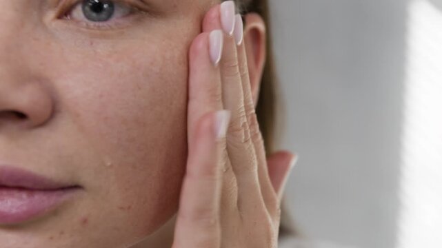 Extreme close-up shot of half face of young woman applying serum to cheekbones using dropper and rubbing it into skin