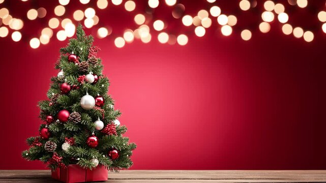 A festive Christmas tree adorned with red and white ornaments, set against a vibrant red background with soft glowing lights., 4K UHD