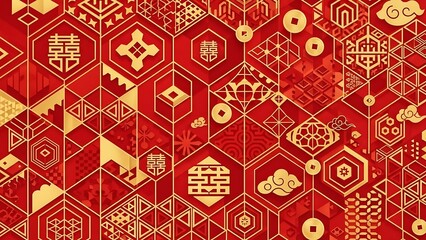 Vibrant red and gold chinese new year background with geometric patterns double happiness symbols and lucky coins