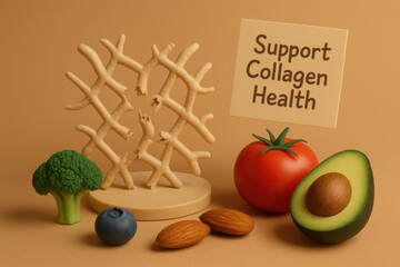 Supportive fascia degeneration concept for collagen health shows brittle fiber model. Antioxidant food like avocado and broccoli demonstrate nutrition for healthy diet