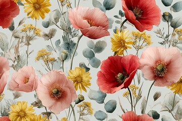 Elegant, chic, vintage seamless repeatable pattern featuring soft pastel pink and red poppies, yellow daisies, and green foliage in watercolor style