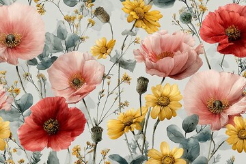 Elegant, chic, vintage seamless repeatable pattern featuring soft pastel pink and red poppies, yellow daisies, and green foliage in watercolor style