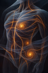 Mysterious fascia tension zone visualization showing human body energy flow. Luminous connective pathways create swirling tension vortices on dramatic medical and anatomical backdrop