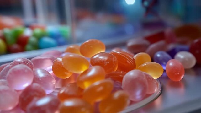Colorful candy display in arcade claw machine under bright lights
