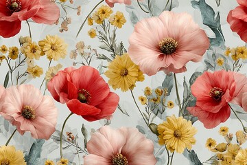 Elegant, chic, vintage seamless repeatable pattern featuring soft pastel pink and red poppies, yellow daisies, and green foliage in watercolor style