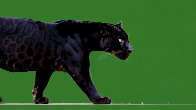 A black cat walking left, with visible rosette markings, against a green background