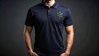 Man wearing a navy blue polo shirt with a green emblem on the chest against a dark background