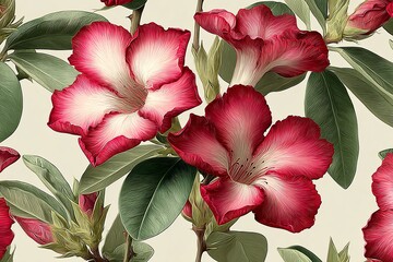 Elegant, chic, vintage seamless repeatable pattern featuring watercolor adenium desert rose flower in pink have green leaves and white background