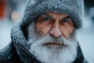 Old greybearded man in a snowy landscape with frost on his face and clothing, showcasing resilience and survival in harsh winter conditions