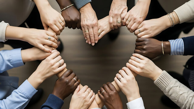Diverse hands heart and united diversity or unity partnership in a group of multicultural people con
