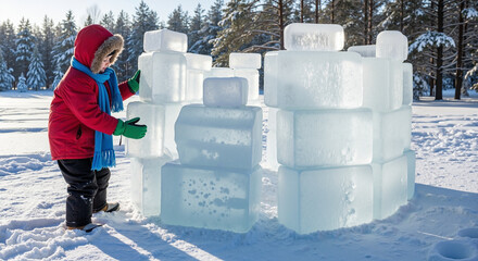 Child building ice fort in winter landscape with snow and trees  