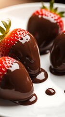 Obraz premium Delicious chocolate covered strawberries on white plate closeup