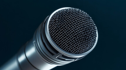 Close-up shot of a modern condenser microphone with a metallic finish, poised against a backdrop of deep, rich blue. The microphone is ready to capture every note, word, and nuance.