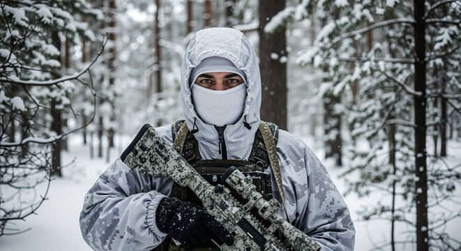 Soldier in snow camouflage standing in winter forest with rifle  