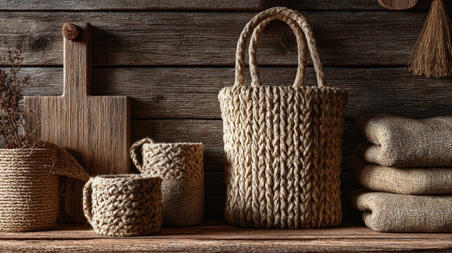 A meticulously arranged composition, showcasing a collection of rustic and eco-friendly home decor items