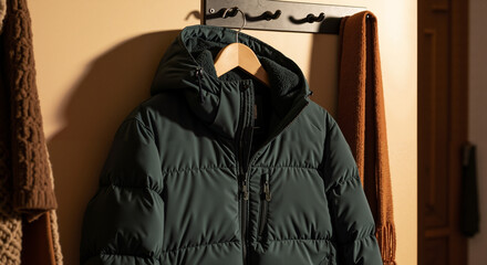 Winter jacket hanging on a hook in a cozy indoor environment  
