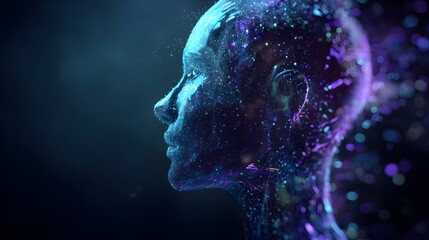 Abstract Digital Human Head Dissolving into Particles.