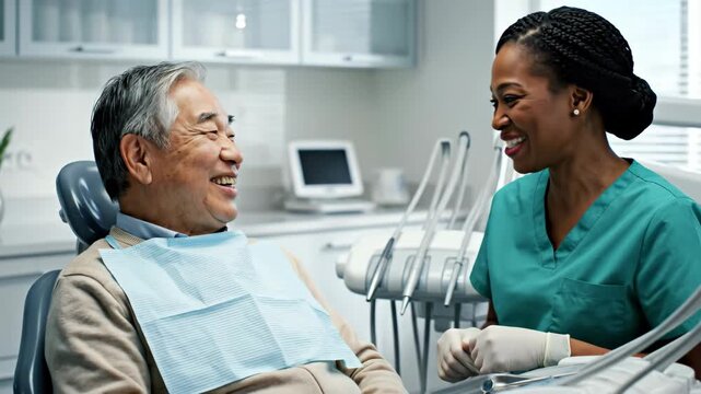 african american dentist talking to senior asian man in dental chair. patient medical checkup and oral hygiene concept. healthcare clinic 