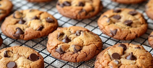 Warmly lit close up of freshly baked chocolate chip cookies on a rustic cooling rack