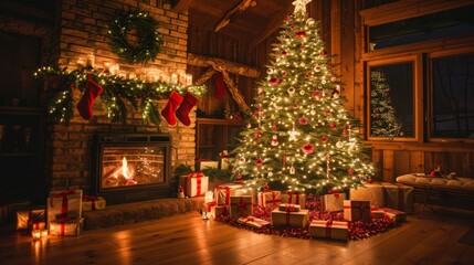 Cozy christmas living room featuring a decorated tree, warm lights, and family enjoying gifts