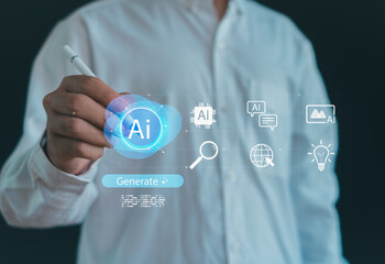 Businessman hand using stylus with AI generate interface and digital icons, representing artificial intelligence, content creation, innovation, data analysis, automation, and smart future technology.