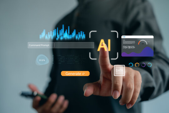 professional touching AI interface with virtual data dashboard, command prompt and generate button, representing artificial intelligence, digital transformation and smart technology innovation. - Powered by Adobe
