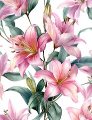 Elegant, chic, vintage seamless repeatable pattern featuring blooming elegant pink lilies with green leaves on a white background, soft pastel tones