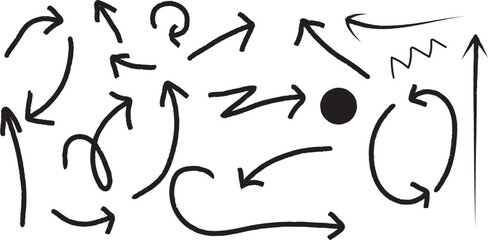 A chaotic arrangement of arrows and abstract shapes on a plain white background