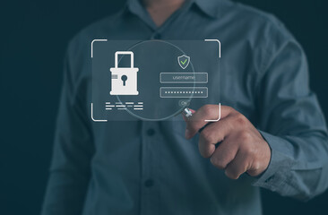 Business holding magnifying glass over virtual login security interface with padlock icon, username and password verification, representing cybersecurity, data protection and secure digital access.