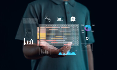 Artificial intelligence data analytics and business dashboard concept with virtual charts over human hand, showing project management, performance tracking, digital transformation, smart technology.