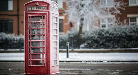 Fototapeta premium Red telephone booth covered in ice in winter landscape 