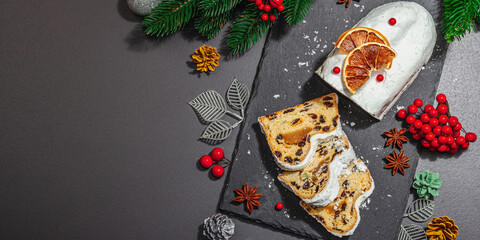 Traditional Christmas stollen, German cake. European pastry, fragrant home baked bread with spices