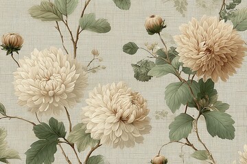 Elegant, chic, vintage seamless repeatable pattern featuring sift chrysanthemums and buds with soft green leaves, hand-drawn botanical style, textured linen beige background