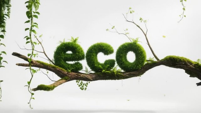 Organic eco word made of grass with plants on white