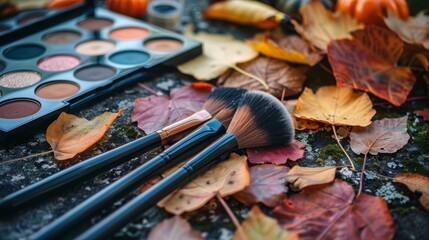 Vibrant halloween makeup tutorial scene featuring brushes, palettes, and a reflective mirror