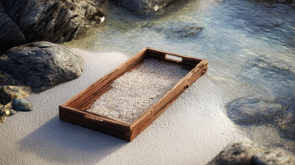 A wooden tray filled with rice sits on a sandy shore next to the clear water