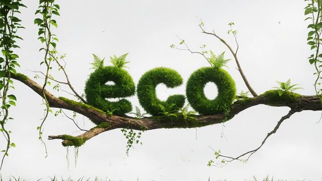 Green eco lettering formed from grass on natural branch