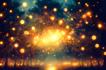 Naklejka premium Mystical Forest Night with Radiant Golden Bokeh