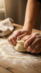 Fototapeta premium Hands kneading dough on floured wooden table in bakery