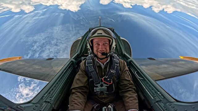 Smiling male pilot in military uniform flying jet plane above white clouds, portrait of aviator in cockpit during flight in clear blue sky