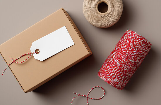 Gift parcel arrangement with twine supplies suggests festive mailing or branding concept.
