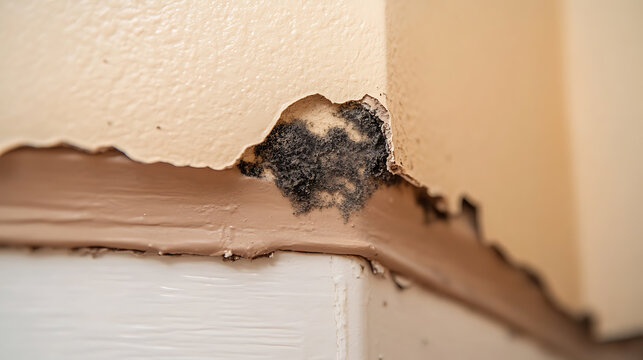Damage to a painted wall reveals black mold, posing health hazards. Urgent remediation is required. The peeling paint shows the extent of hidden moisture damage.