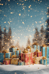 AI generator image of  Christmas is an important Christian religious festival. Many gifts are laid out on the snow, covered with sparkling golden lights that resemble stars or snowflakes illuminated 