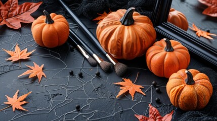 Step by step halloween makeup tutorial featuring brushes, palettes, and a colorful mirror setup