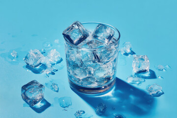 Square ice cubes for cocktails in a glass on a blue background