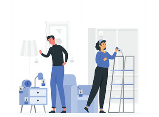 Obraz premium Cartoon couple moving furniture and hanging woman d