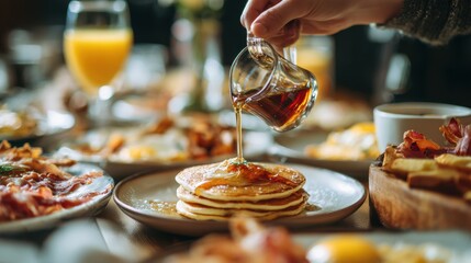 Pancakes  syrup on table