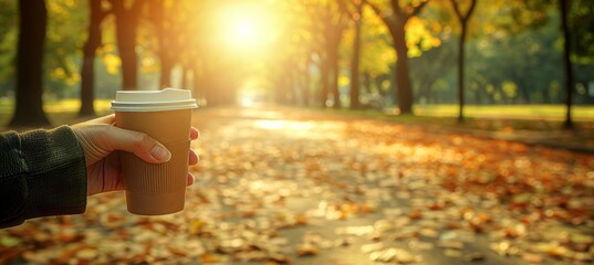 Individual carrying a reusable coffee mug strolling through park embracing sustainable living values
