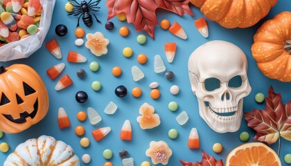 Vibrant halloween treat bag flat lay featuring festive candies, toys, and colorful decorations